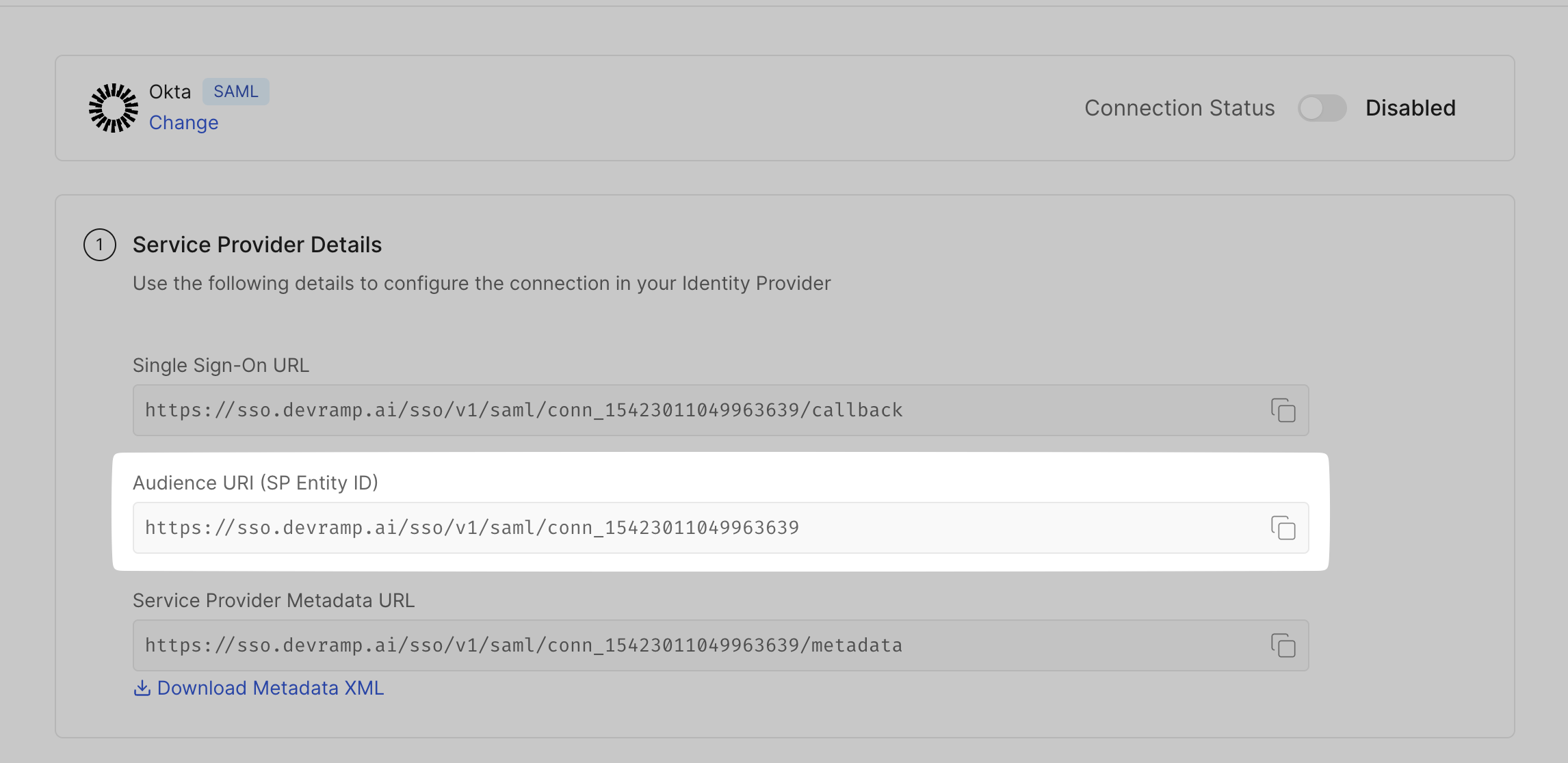 SSO Configuration Portal showing the Audience URI (SP Entity ID) to copy into Okta