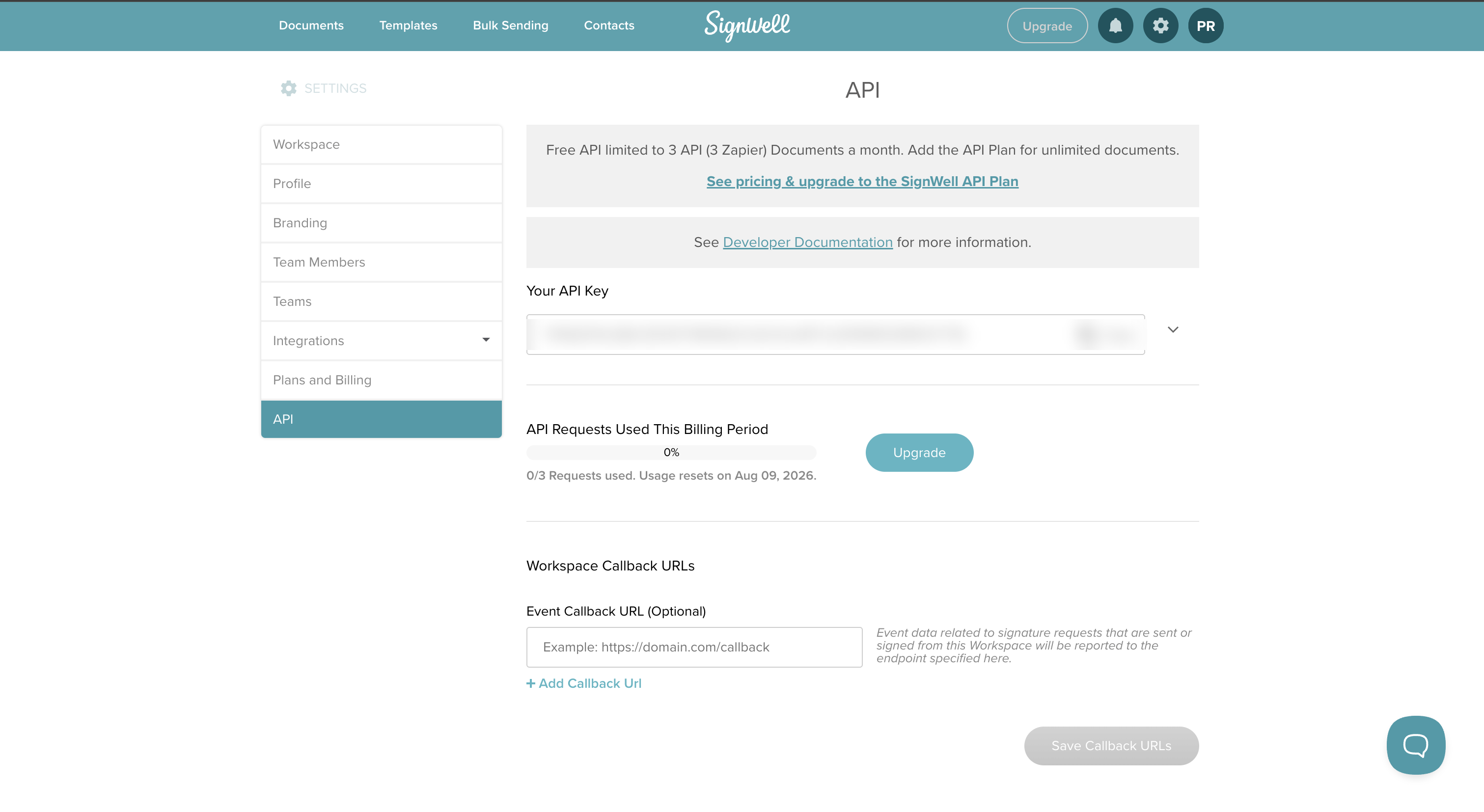 Signwell API settings page showing the API key field and usage limits