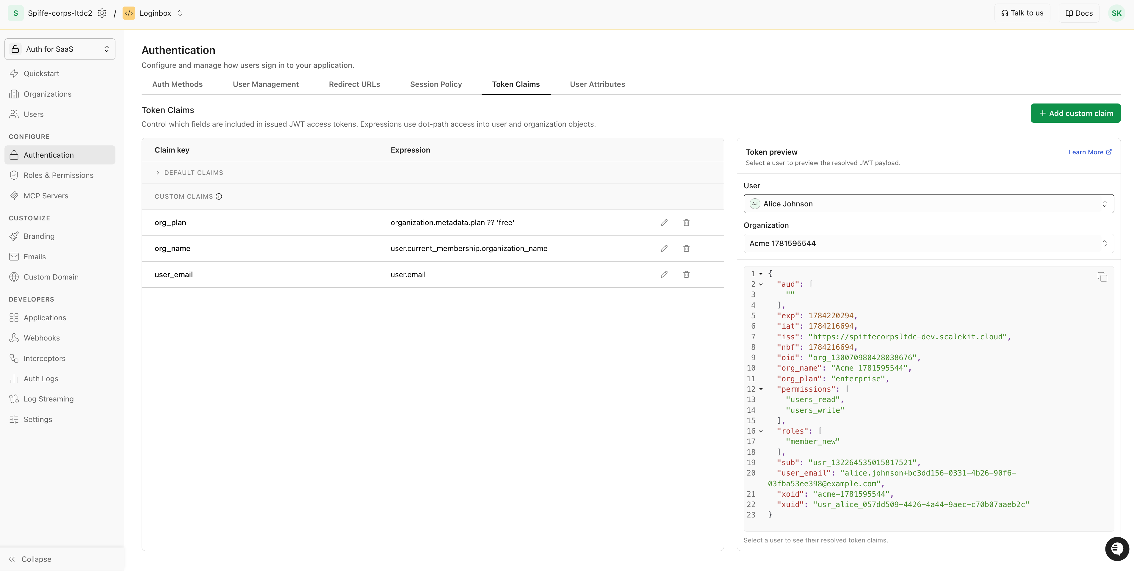 Token Claims page with a user and an organization selected, showing the resolved JWT payload in the preview panel.